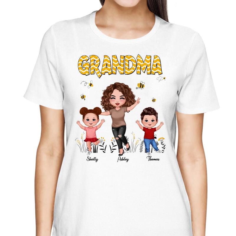 Yellow Pattern Bee Happy Doll Grandma & Grandkids Personalized Shirt