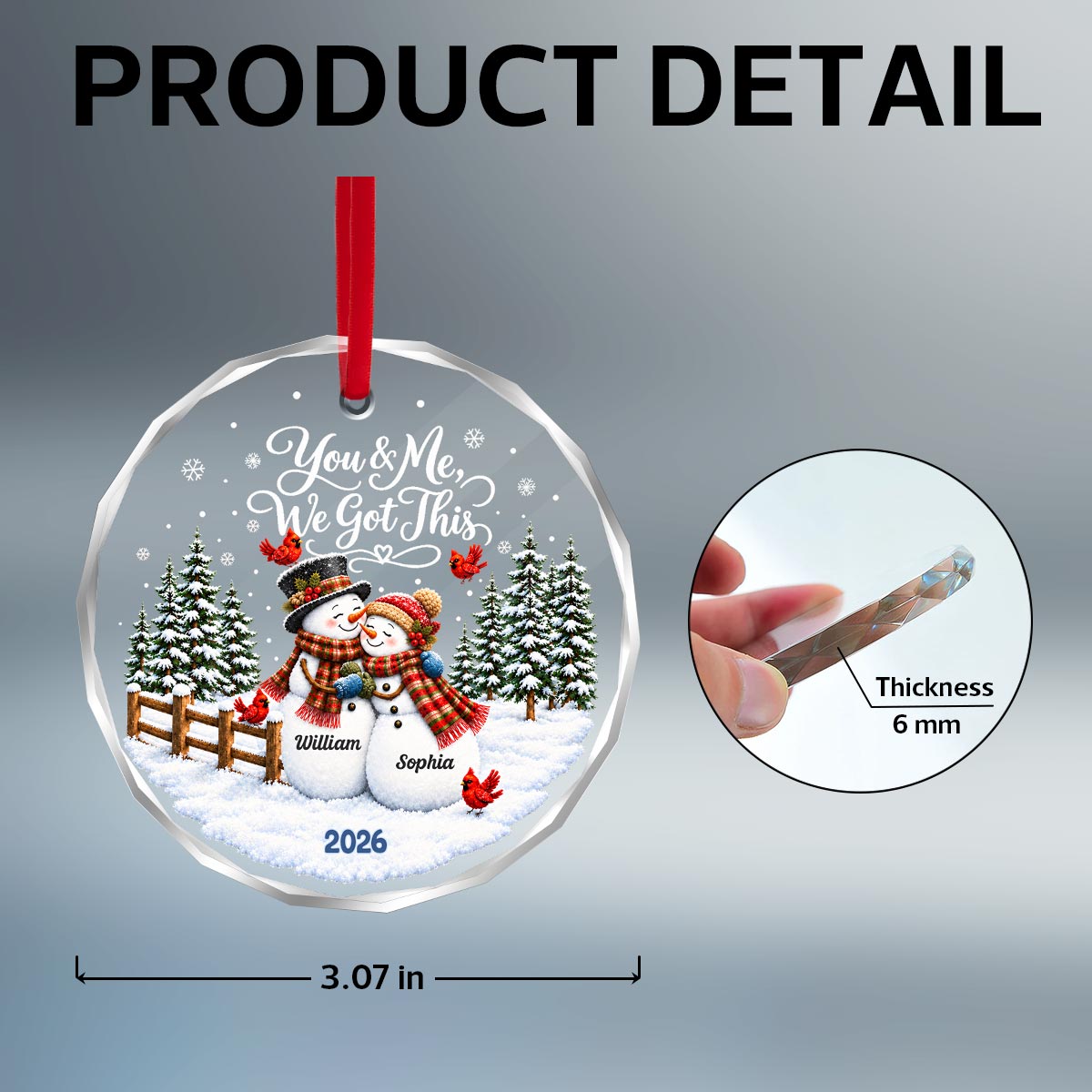 Snowman Couple - Personalized Glass Ornament - Custom Couple Names & Year, Christmas Keepsake, Gift for Couples