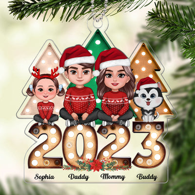 Christmas Tree Marquee Family Sitting Personalized Acrylic Ornament