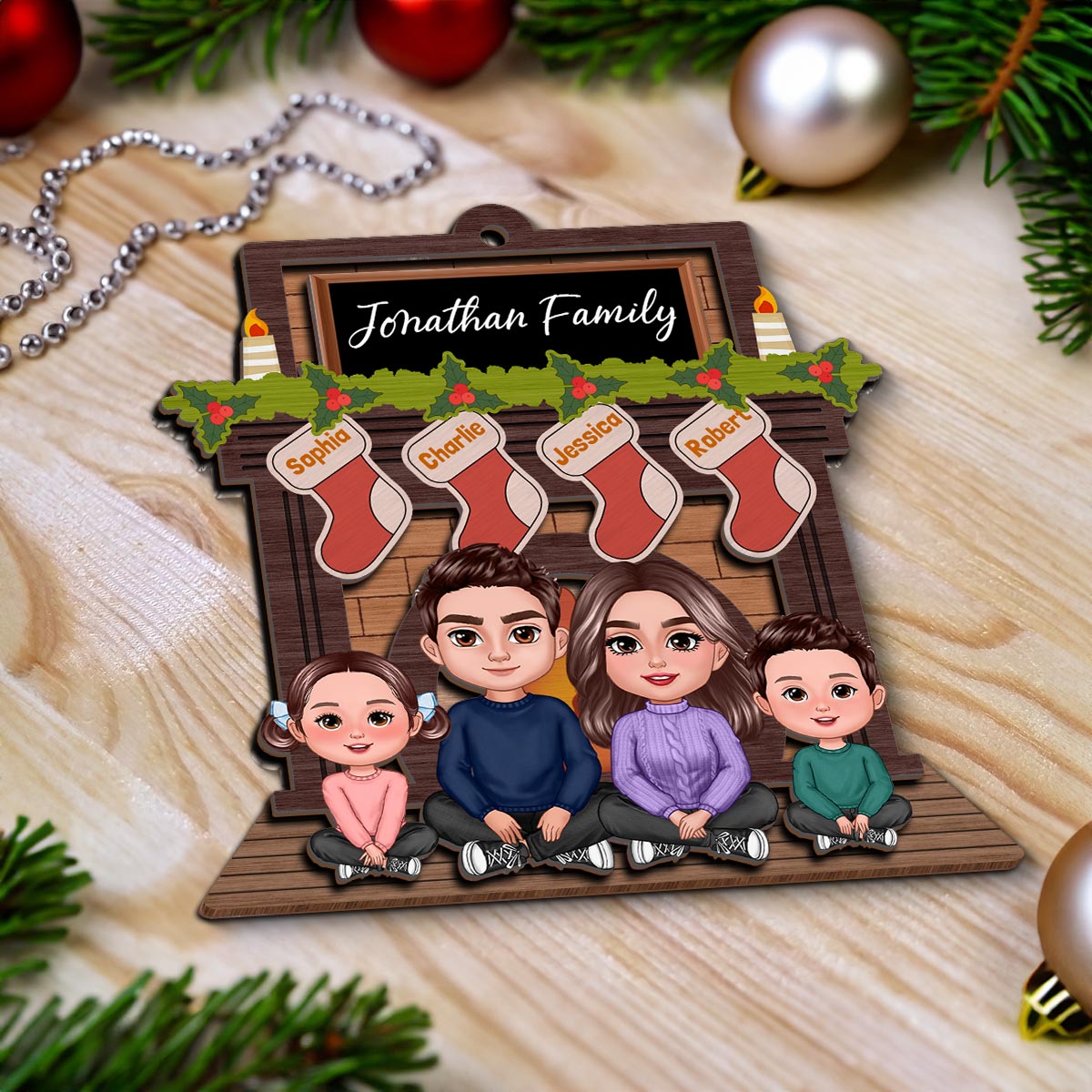 Whole Family Sitting At Christmas Fireplace Personalized 2-Layer Wooden Ornament