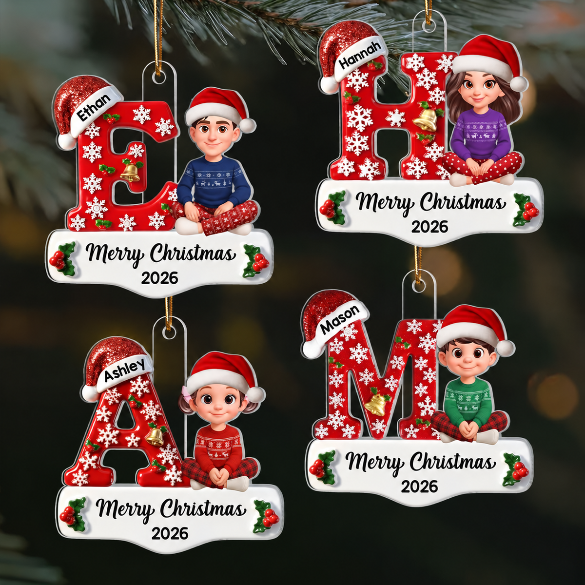 Family Member Christmas Festive Initial Name - Personalized Acrylic Ornament