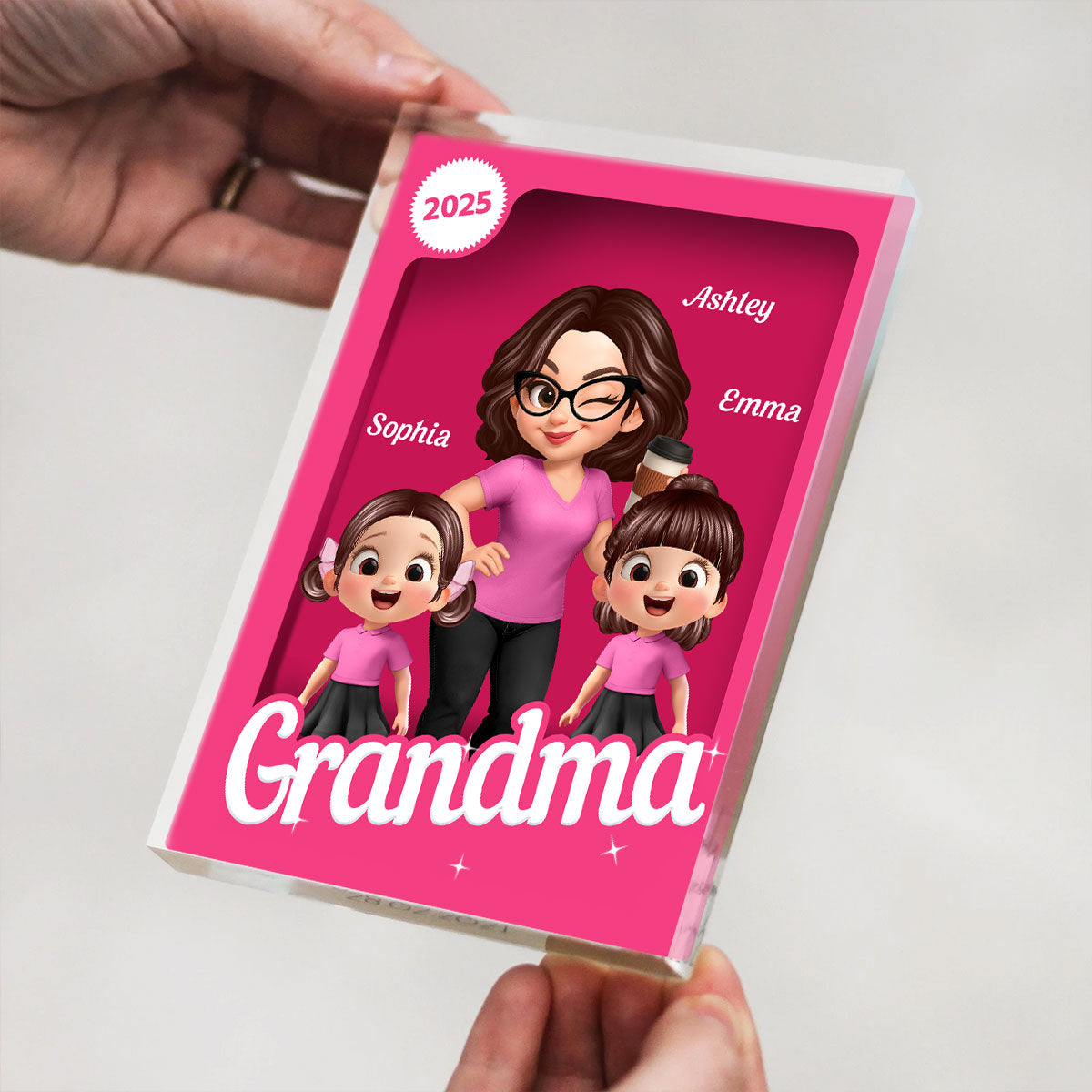 Grandma Grandkids 3D Effect Pink Action Figure Personalized Acrylic Block