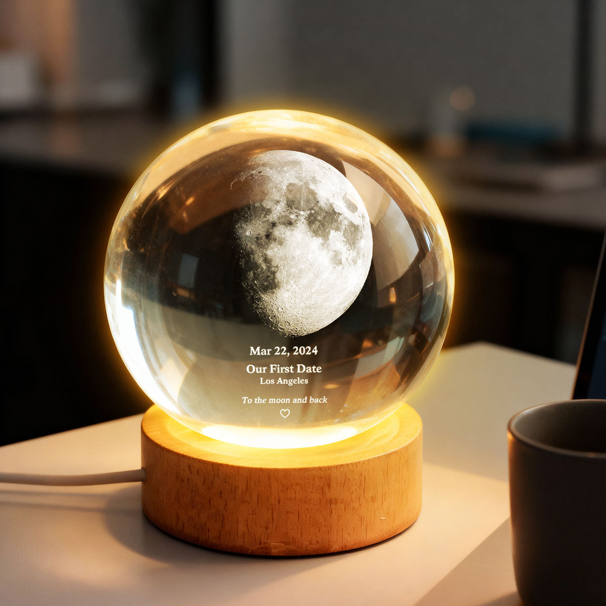 Couple Love to the Moon and Back Moon Phase by Date - Personalized Crystal Ball LED Night Light - Sentimental Valentine's Day Gift for Her, for Him