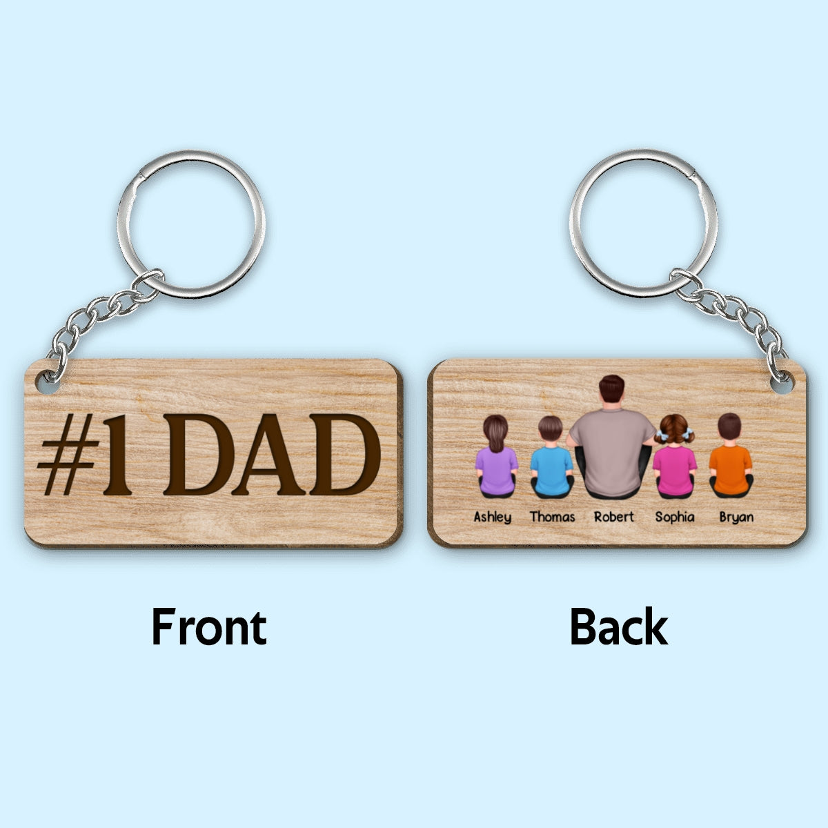 Best Dad Ever Back View Man Kids Dog Cat Personalized Wooden Keychain