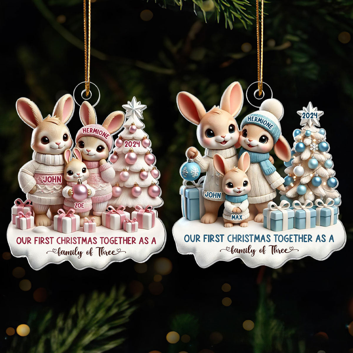 3D Effect Bunny Family Our First Christmas As A Family Of Three Christmas Personalized Acrylic Ornament, Newborns Gift, New Parents Gift