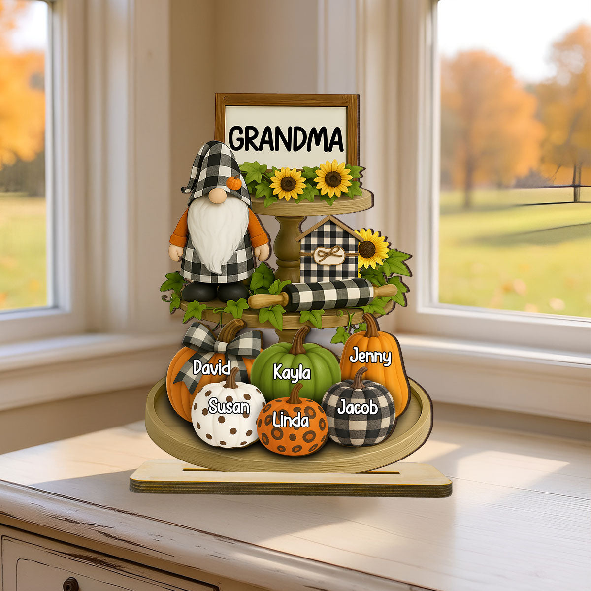 Grandma Mom Fall Season Tiered Tray 3D Effect Personalized Standing Wooden Plaque