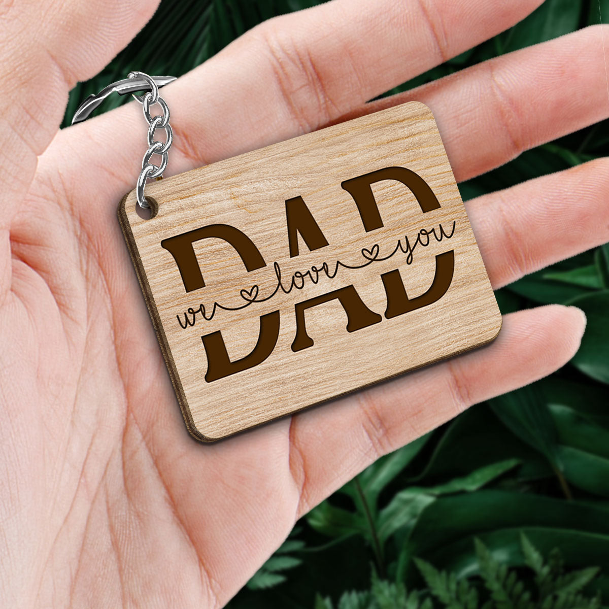 Dad And Kids Standing Front View Personalized Wooden Keychain