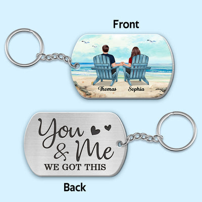 Back View Couple Sitting Beach Landscape Personalized Metal Keychain