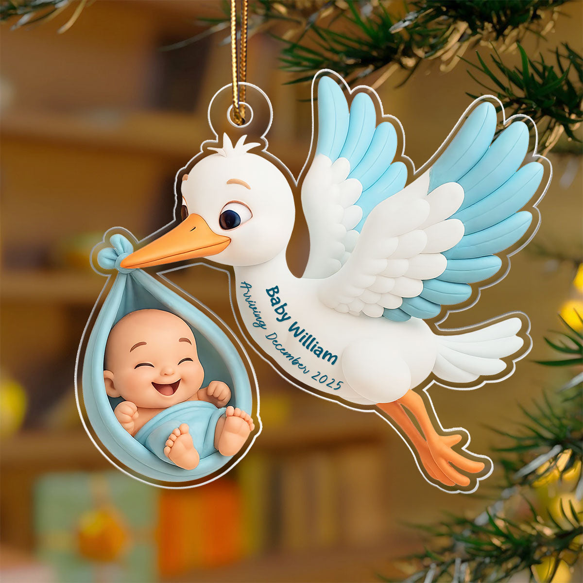 3D Effect Cute Stork And Baby Personalized Acrylic Ornament, Heartfelt First Gift for Pregnant Mom