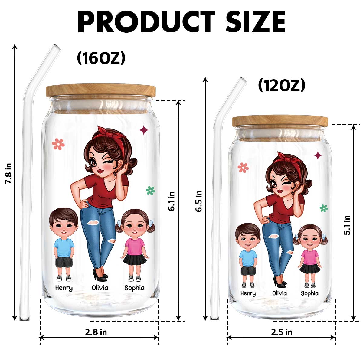Best Mom Grandma Ever Pretty Woman & Kids Personalized Clear Glass Can