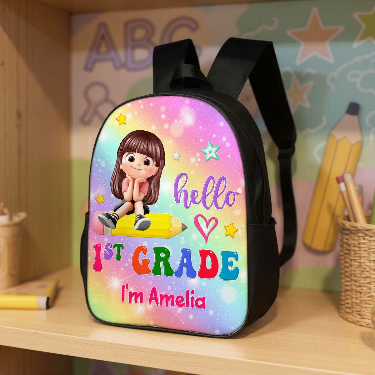 Kid Sitting On Pencil Personalized Kid Backpack, Back To School gift