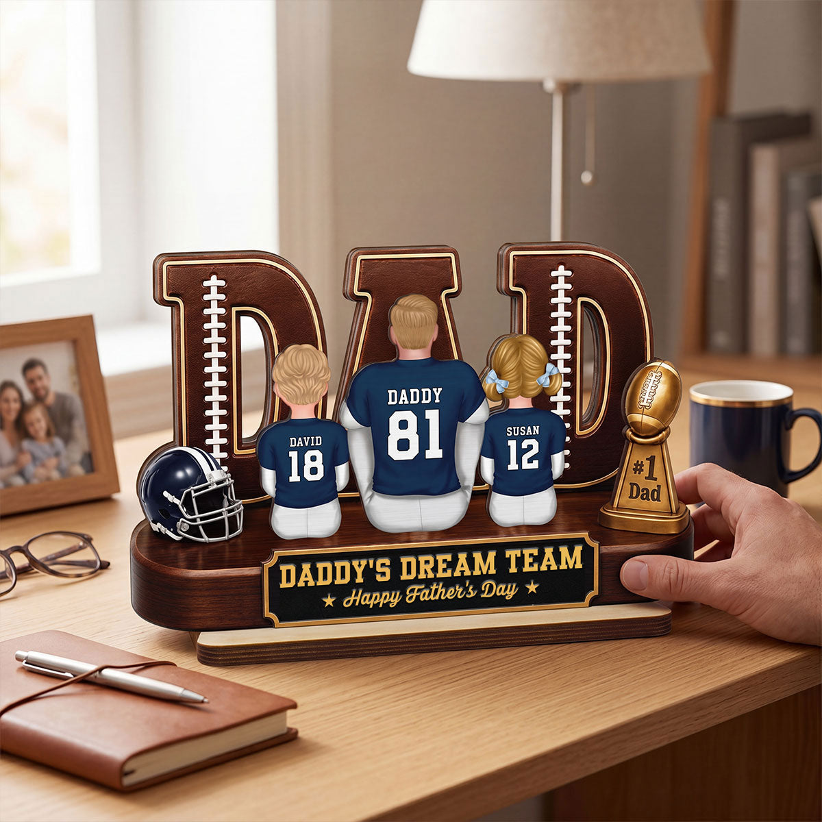 American Football Dad Legend Daddy's Dream Team - Personalized 2-Layered Wooden Plaque - Unique Trending Father's Day Gift For Dad, Husband, Football Fans