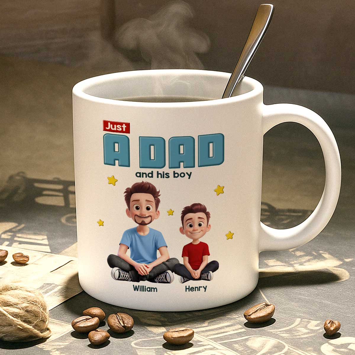 Just A Dad And His Kids Cartoon Funny Style Personalized Mug, Unique 2025 Father's Day Gift For Dad