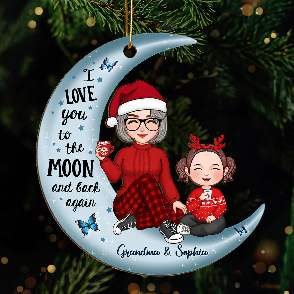 Cute Grandma & Grandkid On Blue Moon Christmas Gift Personalized Wooden Ornament
