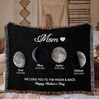 Mom Grandma Love You To The Moon And Back Moon Phase Art Personalized Tapestry Woven Blanket
