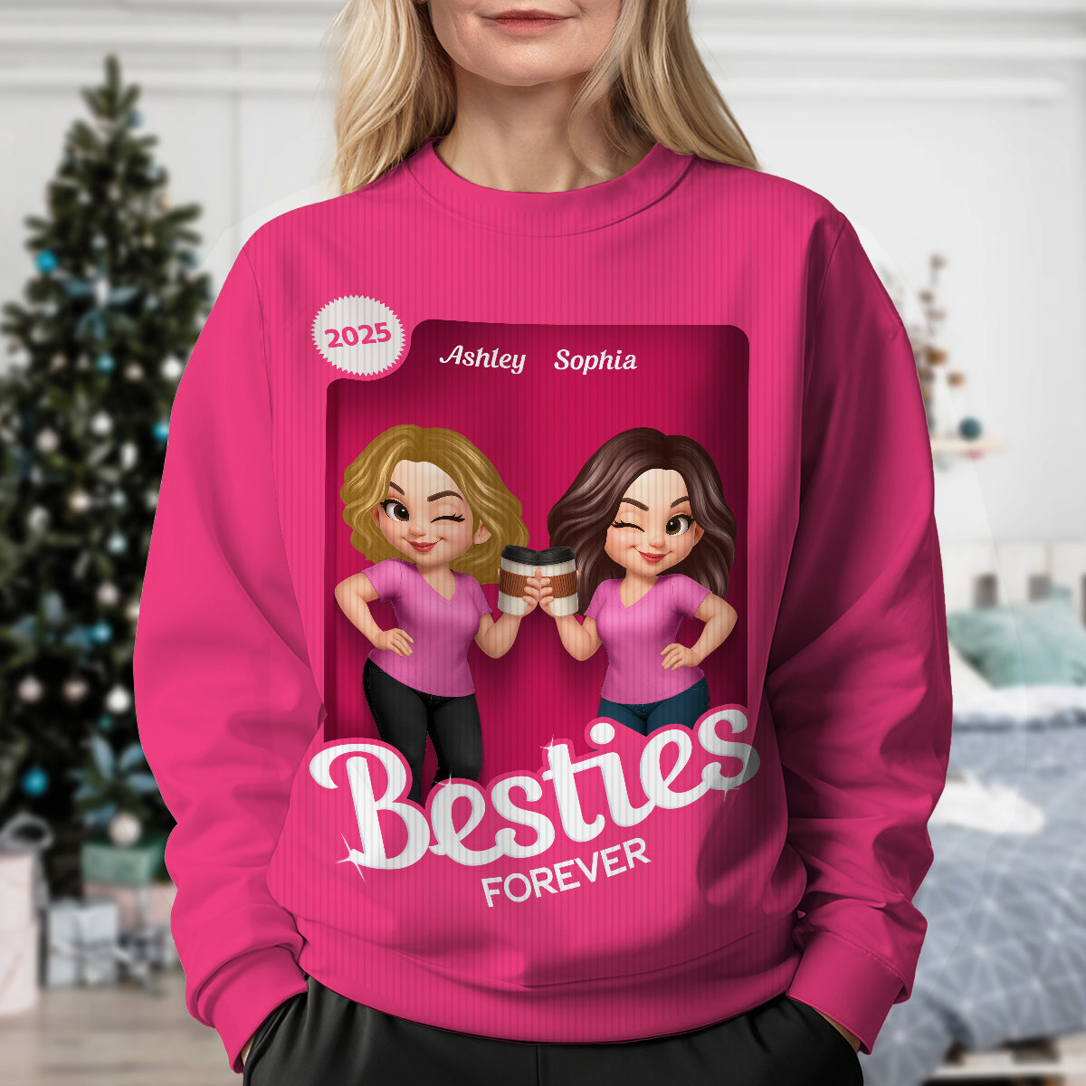 Pink Tone Besties Custom Figure Box Effect - Personalized Ugly Sweater - Christmas Matching Shirts, Group Shirts, Exchange Gift For Best Friends