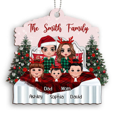 Christmas Doll Family On Bed Personalized Wooden Ornament