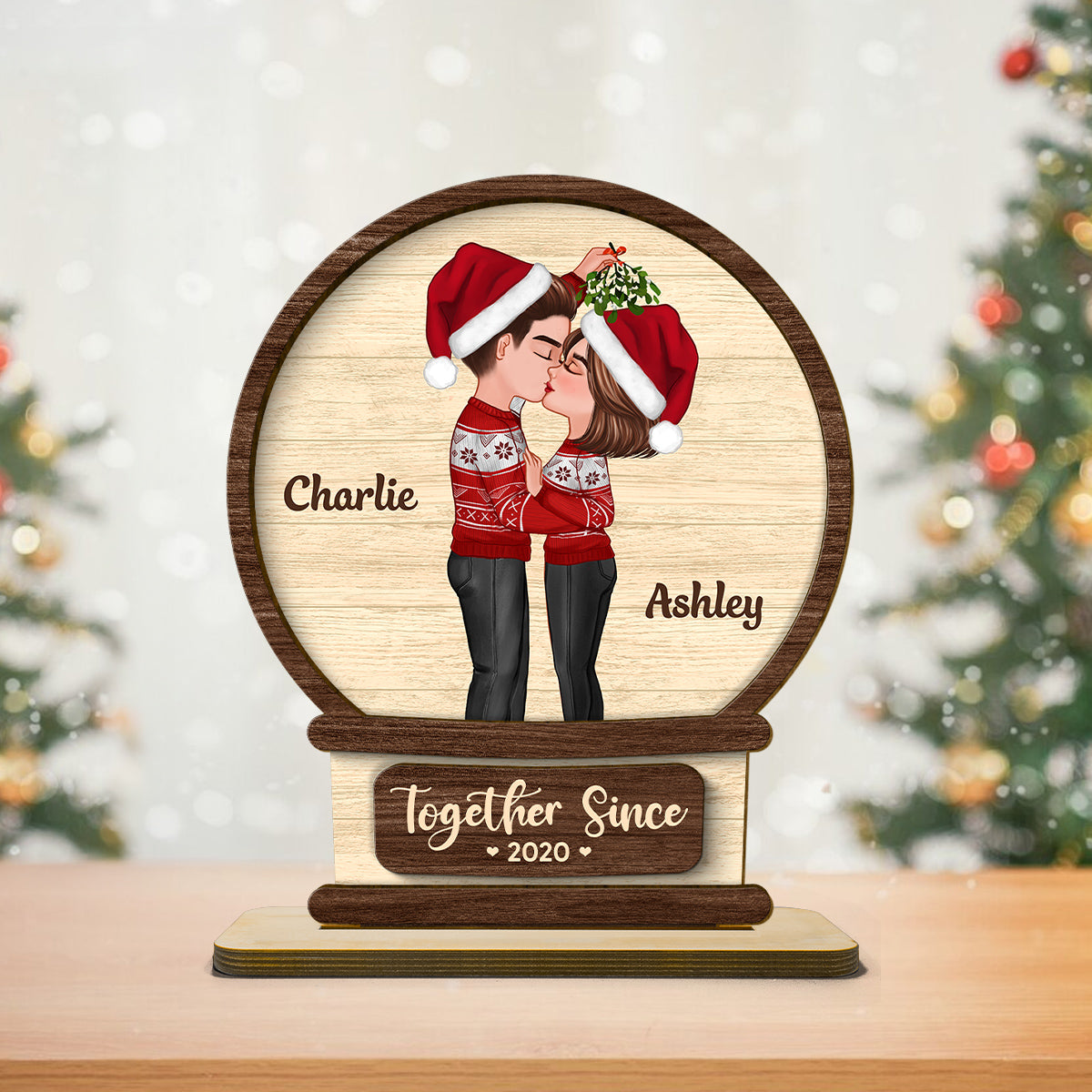 Couple Kissing In Snowball Personalized 2-Layer Standing Wooden Plaque, Christmas Gift For Him For Her