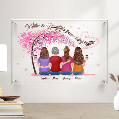 Back View Mother And Daughters Under Pink Tree Personalized Acrylic Board Wall Art