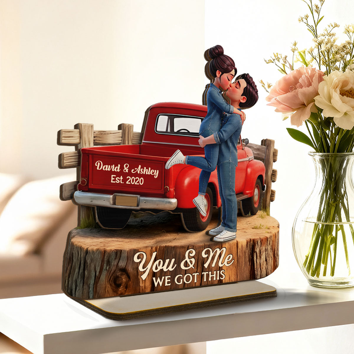 Romantic Couple Pickup Truck God Bless The Broken Road - Personalized 2-Layered Wooden Plaque - Gift For Couple, Farmhouse Decor