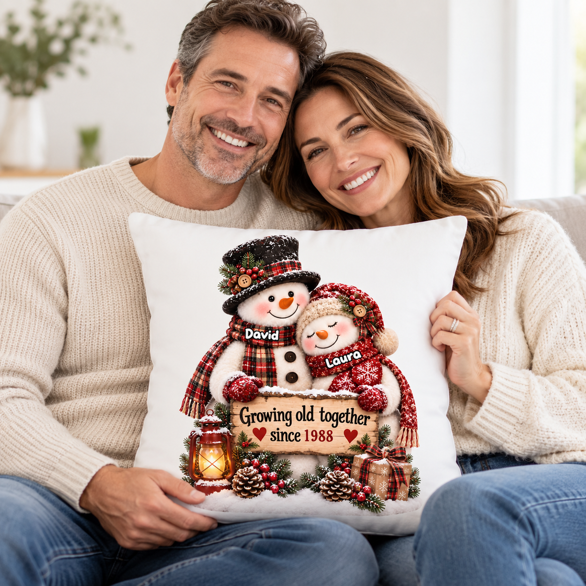 Snowman Couple Hugging Growing Old Together - Personalized Pillow - Heartfelt Christmas Gift for Her, for Him