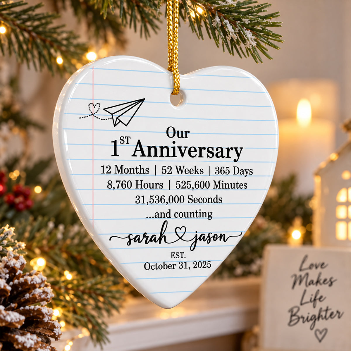 Our 1st Anniversary - Personalized Ceramic Ornament - Paper Traditional Gift for Her, Gift for Him, Christmas Keepsake