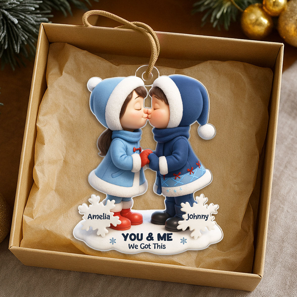 Cute Cartoon Couple Hugging Kissing Personalized Ornament, 3D Effect Acrylic Ornament, Christmas Gift for him, Gift for her