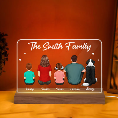 Whole Family Back View Couple Dad Mom Kids Dogs Cats Sitting - Personalized Acrylic LED Night Light