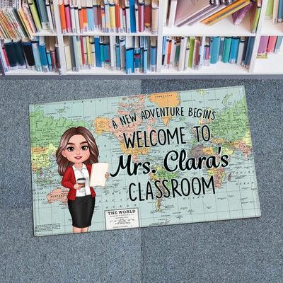 World Map Adventure Themed Welcome To Classroom Personalized Doormat, Gift For Teacher, Classroom Decor