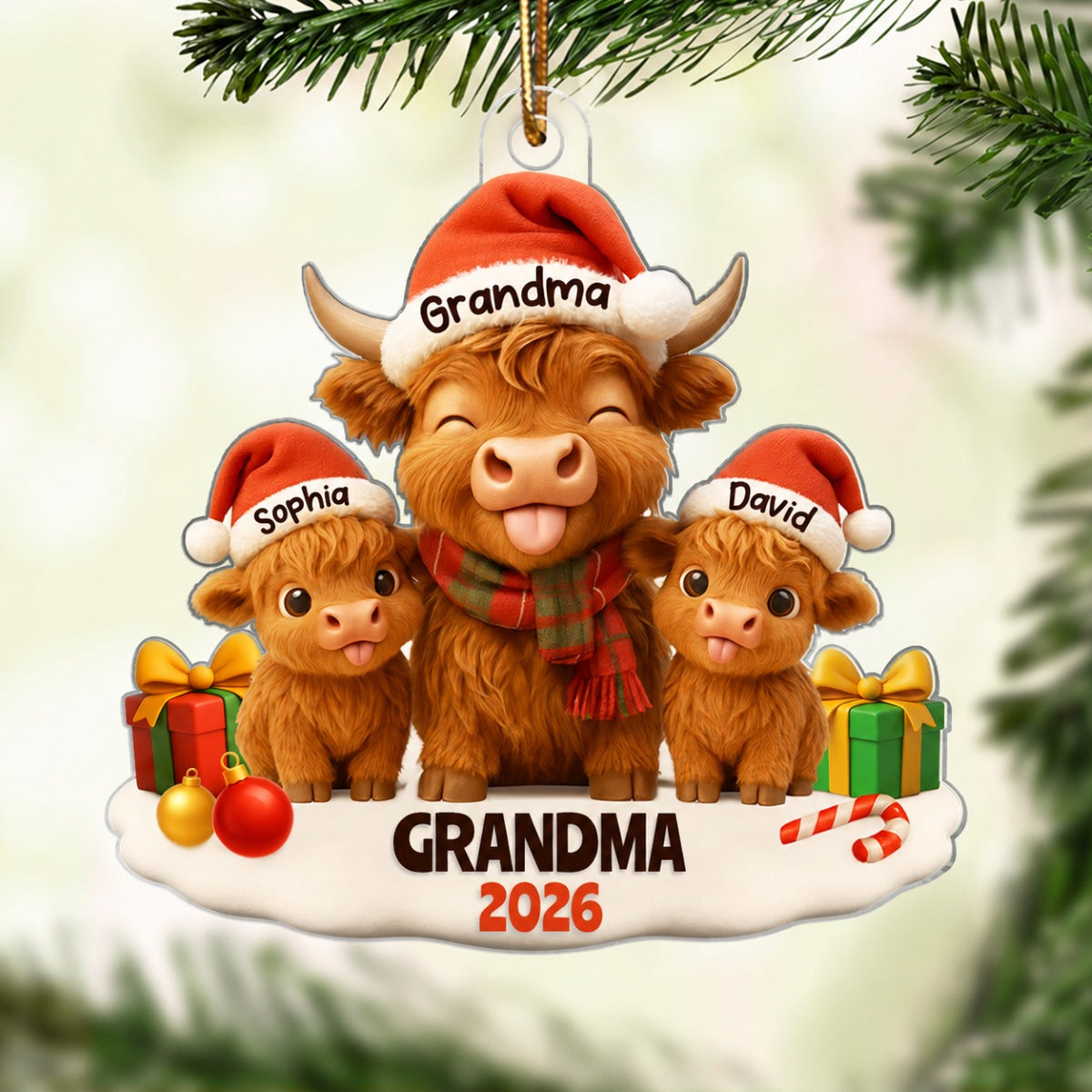 Grandma Grandkids Highland Cow Personalized Acrylic Ornament, Christmas Gift for Grandma, Grandkids