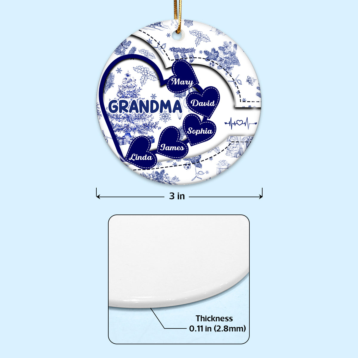 Grandma With Hearts Grandkids' Names Toile De Jouy Style Personalized Circle Ornament