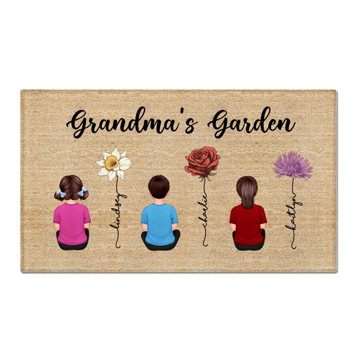 Grandkids Sitting Grandma Garden Vintage Birth Month Flowers Personalized Doormat