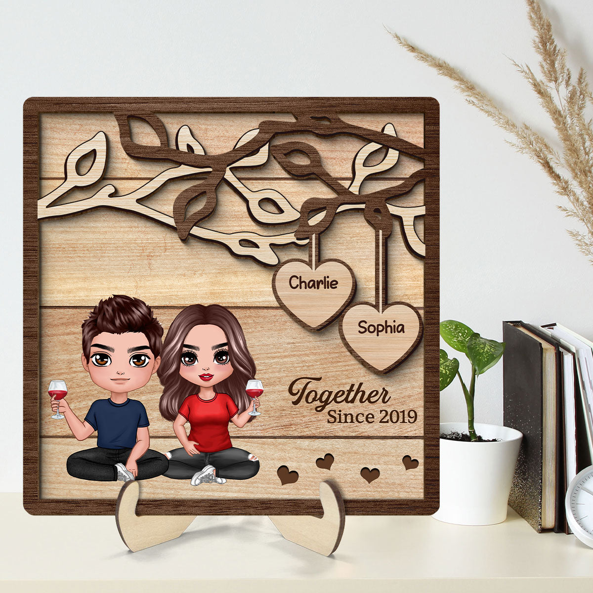 Doll Couple Sitting Under Tree Personalized 2-Layer Wooden Plaque