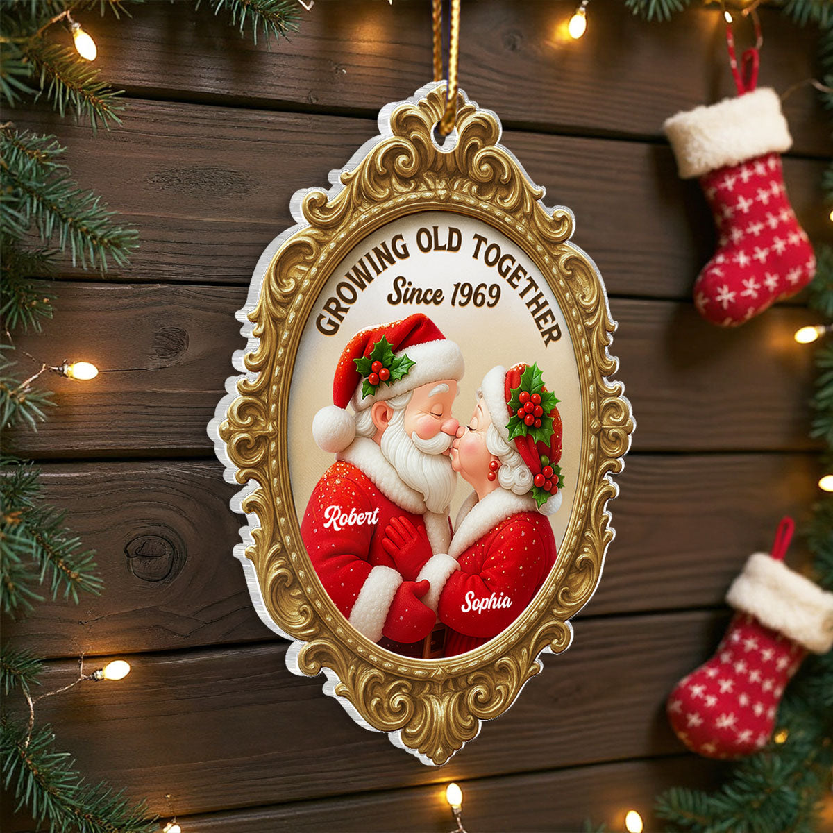 Vintage Golden Frame 3D Effect Mr Mrs Clause - Personalized Acrylic Ornament - Christmas Gift For Couples