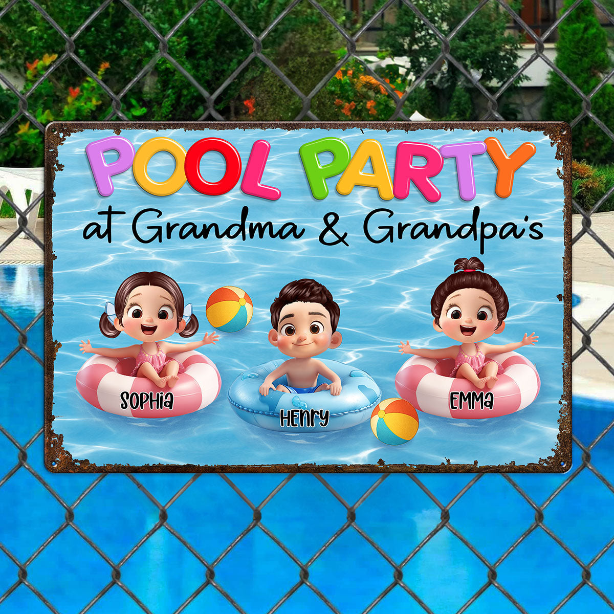 Pool Party At Grandma Grandpa Personalized Metal Sign