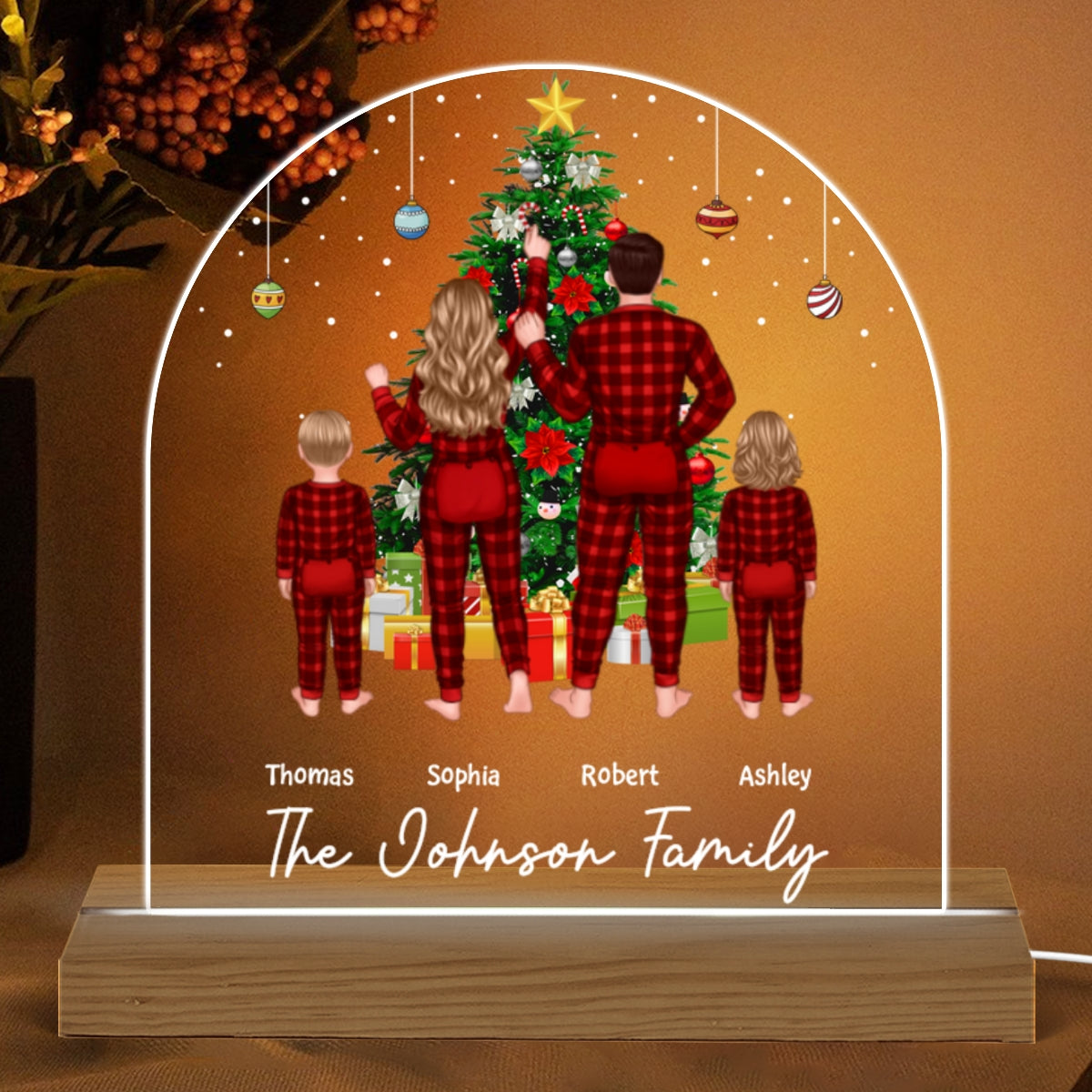 Family Pajamas Couple Kid Dog Cat Decorating Christmas Tree Personalized Custom Shaped Acrylic Plaque With LED Night Light