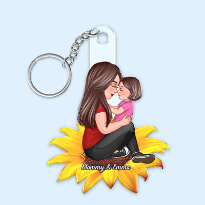 Grandma Mom Kid Sitting On Flower Personalized Acrylic Keychain, Gift For Mom, Gift For Grandma