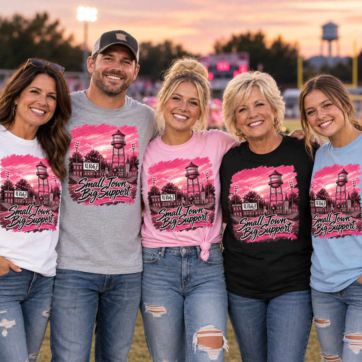 Small Town Big Support Breast Cancer Ribbon Football - Personalized Shirt - Coquette Game Day Mom Tee