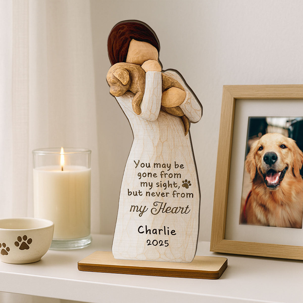 Until We Meet At Rainbow Bridge Woman & Dog 3D Effect Personalized Standing Wooden Plaque, Memorial Sympathy Gift