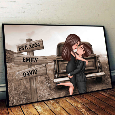 Couple Sign Post Retro Vintage Field Landscape Personalized Poster, Anniversary,  Gift for him, Gift for her