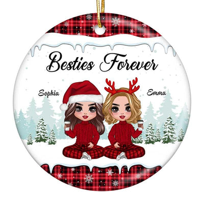 Doll Besties Sitting Checkered Pattern Christmas Personalized Circle Ornament