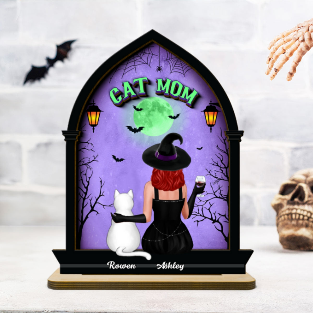 Halloween Witch and Cats Gothic Window Shaped Personalized 2-Layer Wooden Standing Plaque