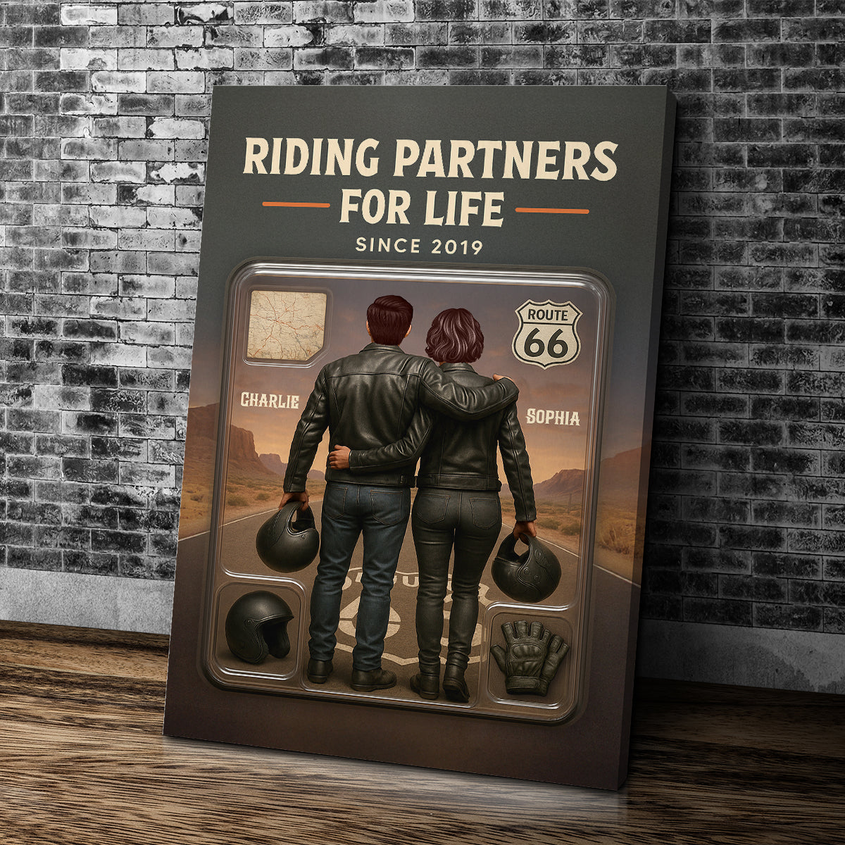 3D Effect Custom Figure Couple Bikers Riding Partners For Life Personalized Wrapped Canvas