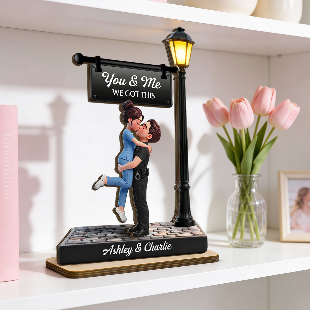 Proud Hero Couple Under Lamp Post - Personalized 2-Layered Wooden Plaque - Valentine's Day Gift For Couple, For Him, For Her, Nurse, Police, Firefighter, Army