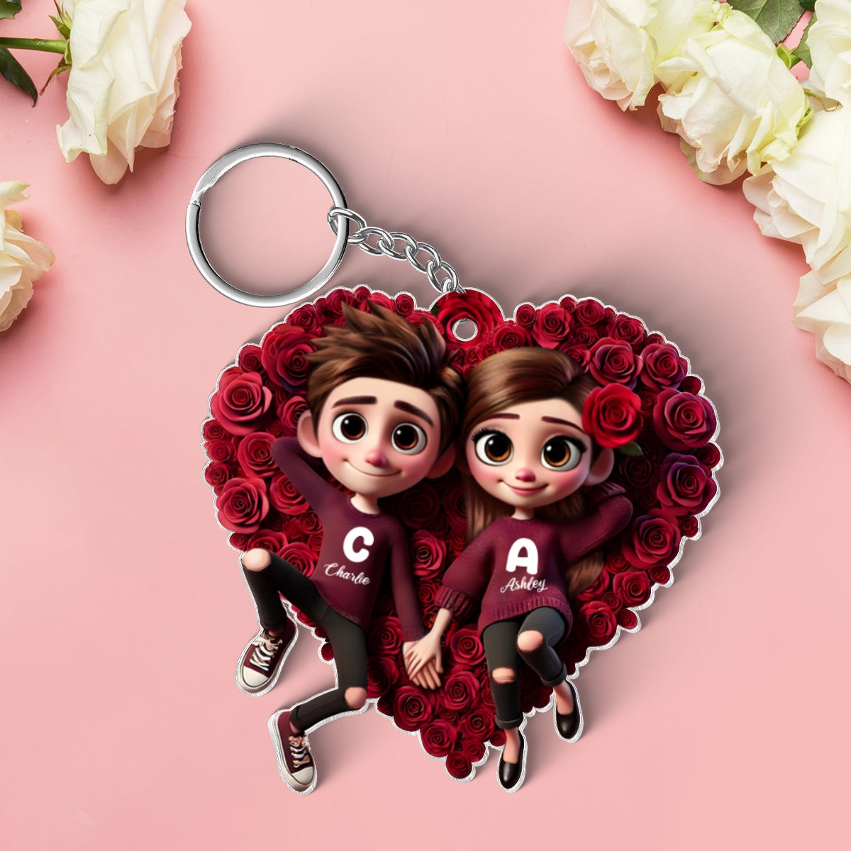 Rose Heart Couple Personalized Acrylic Keychain,  Gift for her, Gift for him