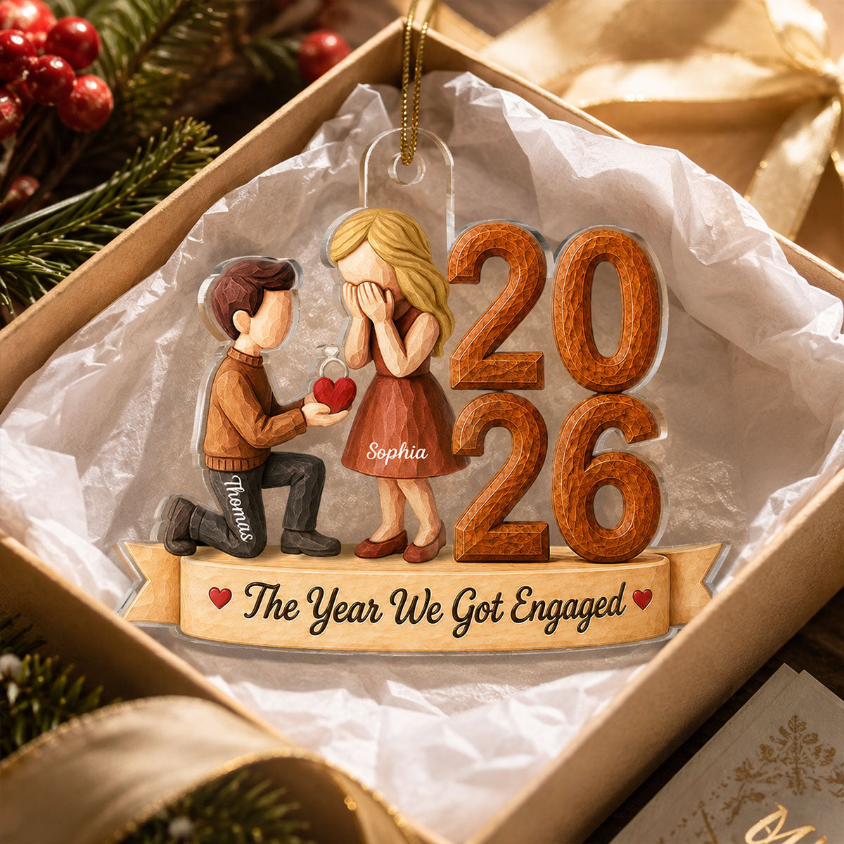 The Year We Got Engaged 2026 Proposal Couple 2D Wooden Effect – Personalized Acrylic Ornament – Engagement Keepsake