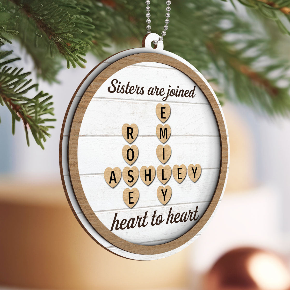 Sisters Are Joined Heart To Heart Crossword Puzzle Personalized 2-Layer Wooden Ornament, Christmas Gift For Best Friends, Sisters