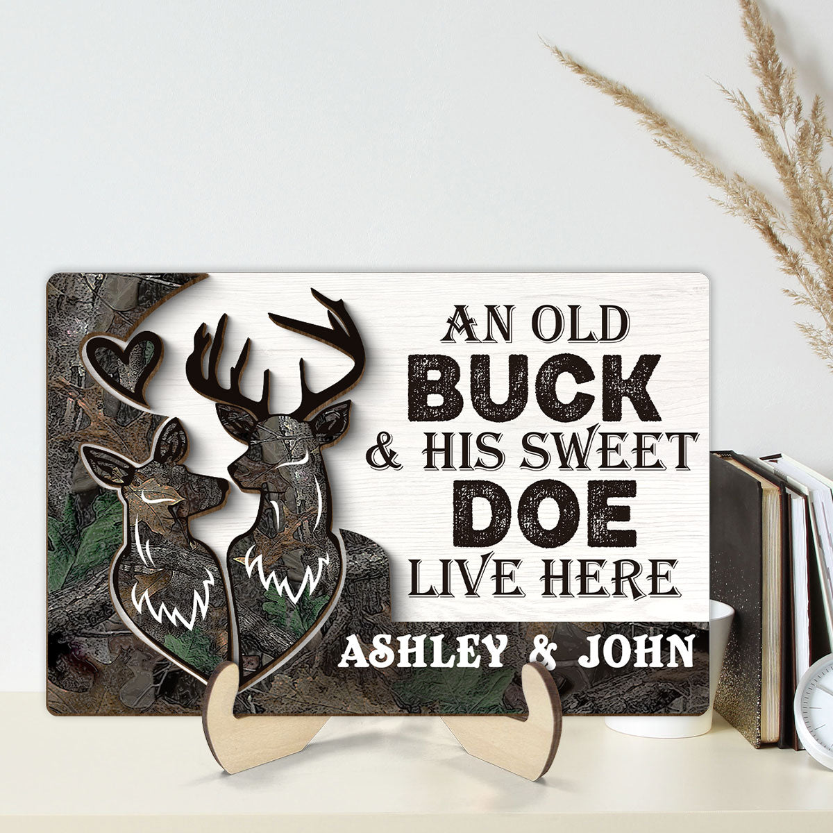 An Old Buck And His Sweet Doe Lives Here Personalized 2-Layer Wooden Plaque