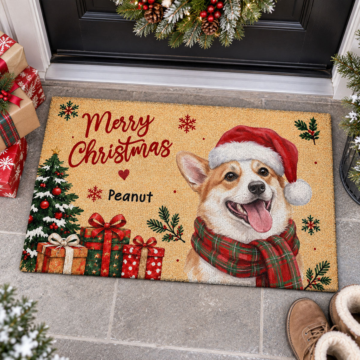 Custom Dog Cat Watercolor Portrait - Personalized Doormat - Holiday Home Entryway Decor, Christmas Gift for Dog Lovers