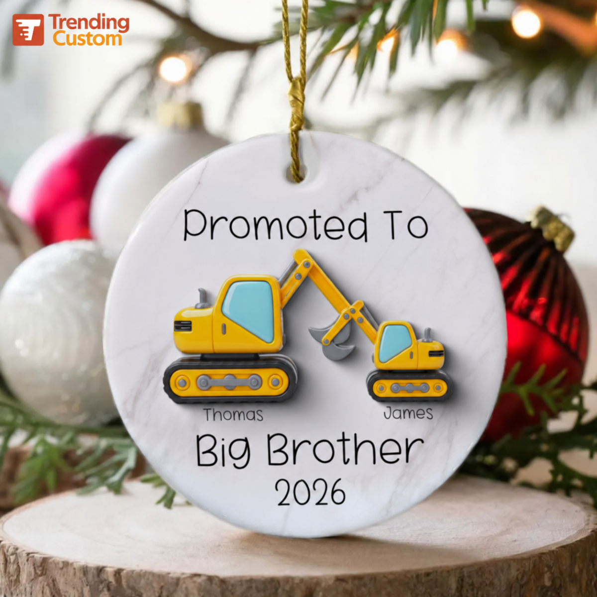 Promoted To Big Brother Big Sister 3D Effect Excavator - Personalized Ceramic Ornament - Proud New Big Siblings Gift